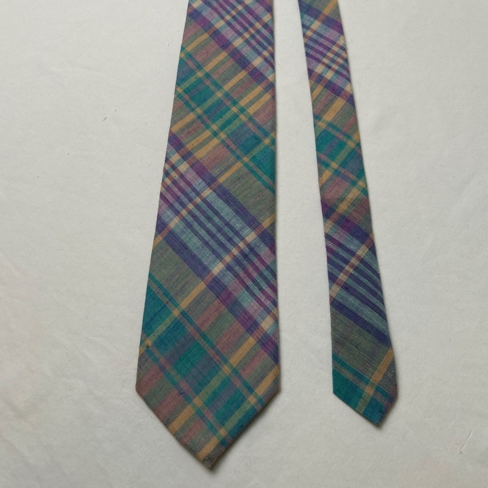 Kenneth Gordon Mens Hand Sewn Cotton Plaid Madras Necktie OS Teal Purple Preppy